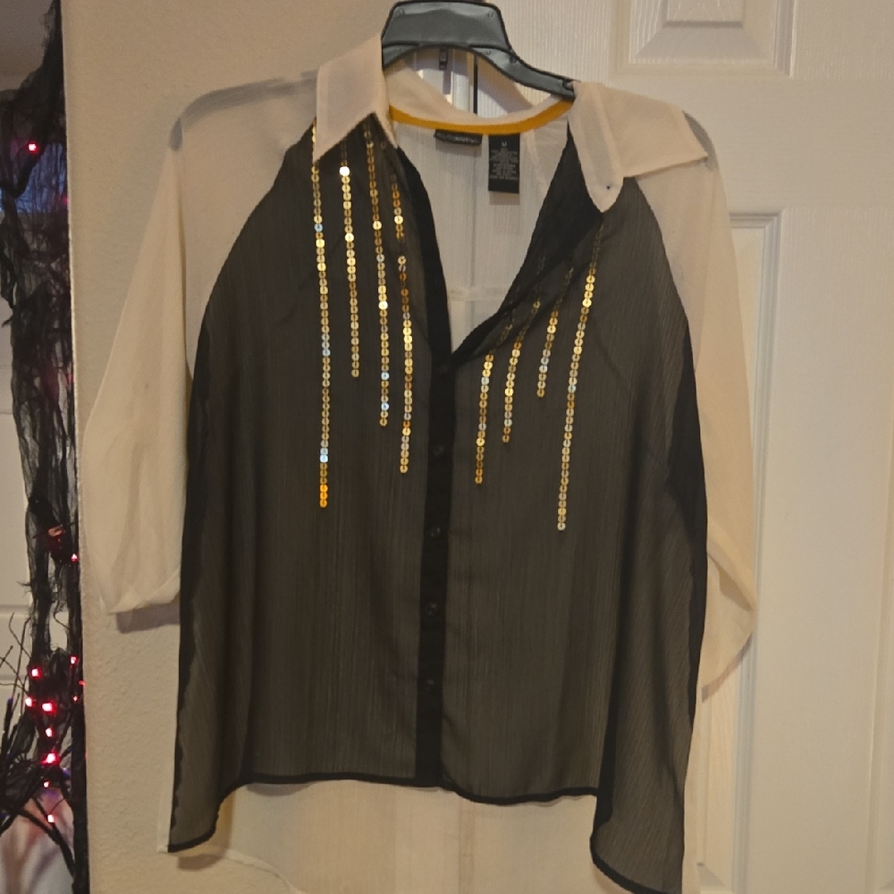 Daytrip Sheer Black and Cream Shirt with Gold Sequins